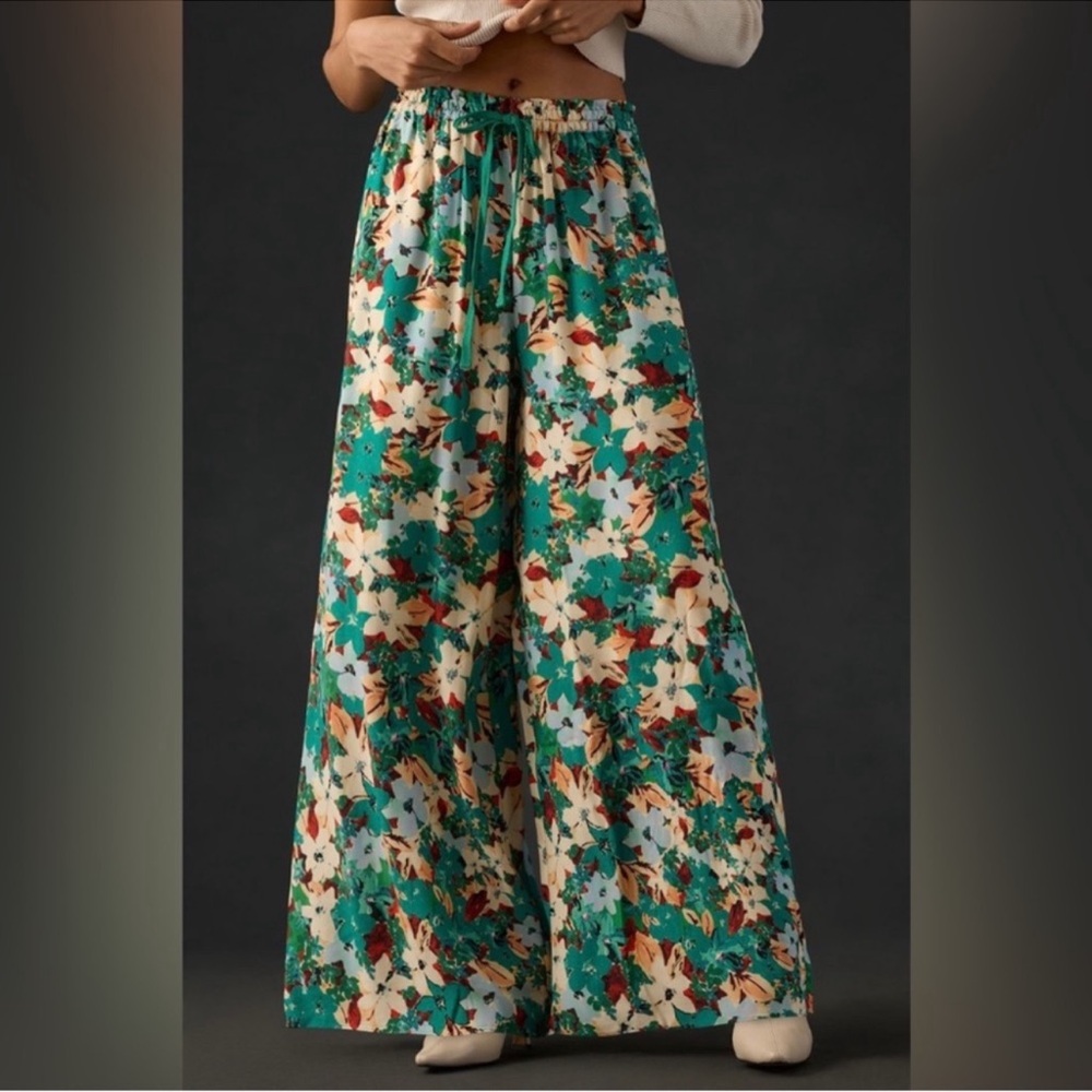 Anthropologie Plenty by Tracy Reese Green Cream Floral Wide-Leg Pants Boho XS